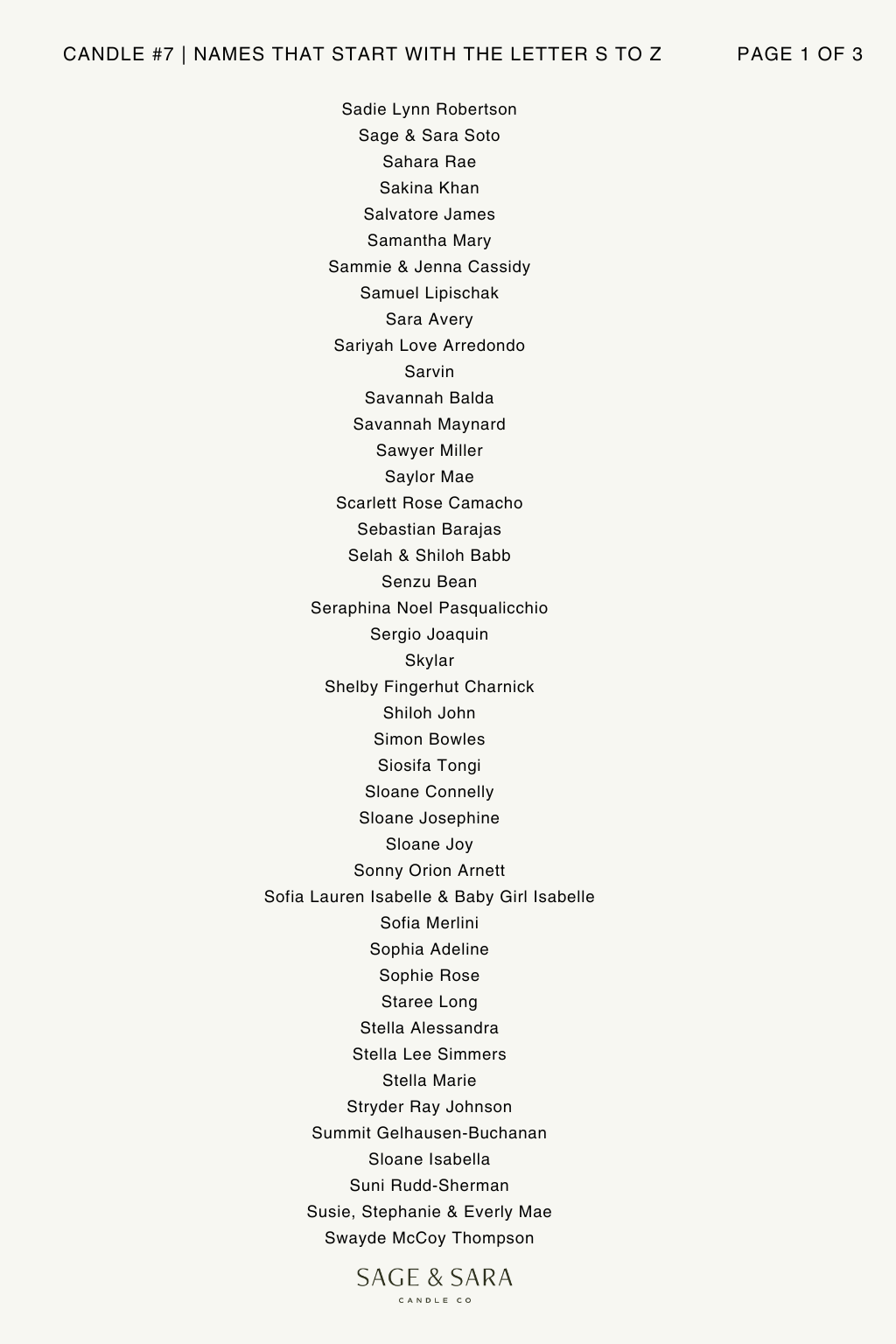 Names S to Z | Candle